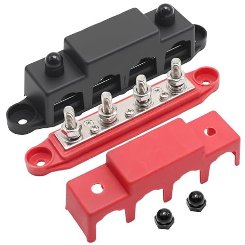 Hoypeyfiy Pack of 2 Bus Distribution Block, 12V-48V DC BusBar Distribution Block 250A BusBar Box with 4 x M8 Terminal Bolts, Suitable for Cars Motorhomes (Red, Black)