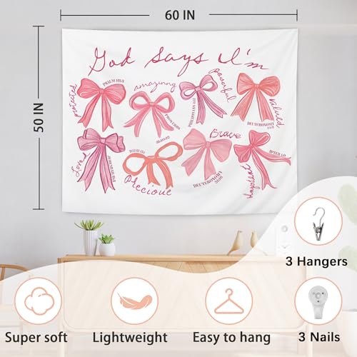 AQYIP Coquette Pink Bow Christian Tapestry, God Says I Am Motivational Bible Verse Tapestry, Pink Girly Christian Wall Blanket Decor for Girls Room Dorm Apartment, 50x60 Inch 4 - god says i am