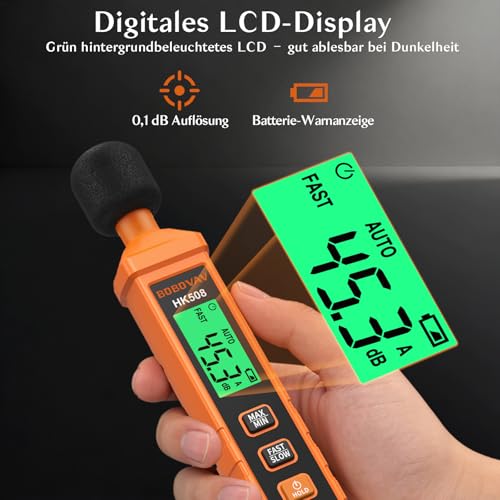Sound Level Meter, Digital Decibel Meter 30-130dB, Portable Sound Level Meter A-Rating, MAX/MIN, Data Storage, Fast/Slow Reaction, LCD Display for Household, Factories, Workshop