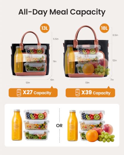 LOVEVOOK Lunch Box for Women,Adult Lunch Bag for Work,13L,Black-Beige-Brown Classic Black-beige-brown Large-13L