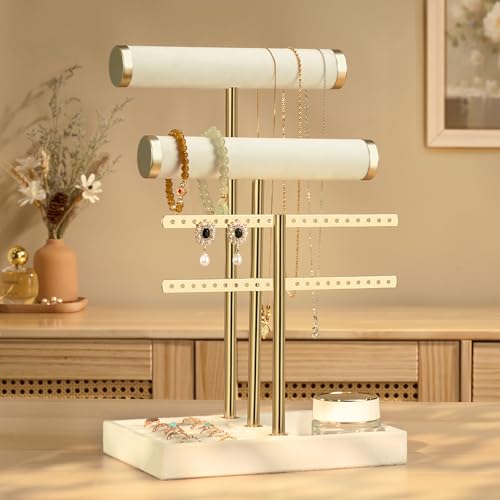 bussdis 3 Tier Bracelet Holder Display - Detachable T Bar Beige Velvet Bracelet Holder, Jewelry Holder Organizer for Bracelet, Necklace, Earrings, Rings Standard
