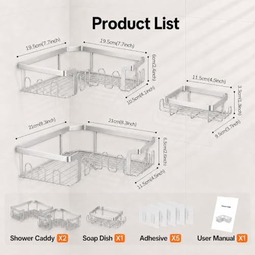 Corner Shower Caddy 3 Pack, Wall Mounted Adhesive Shower Caddy with Soap Holder and 24 Hooks, No Drill Rustproof Stainless Steel Shower Shelf for Inside Shower, Silver