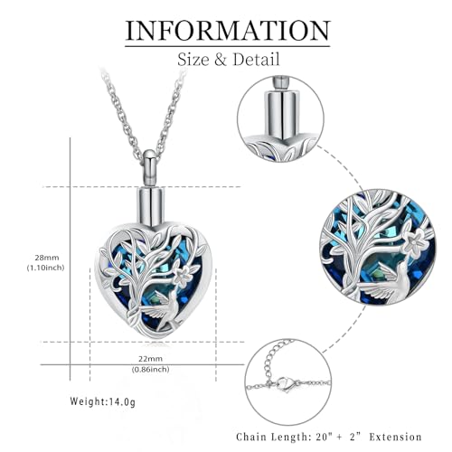 shajwo Hummingbird Cremation Jewelry Heart Urn Necklace for Ashes Silver+blue