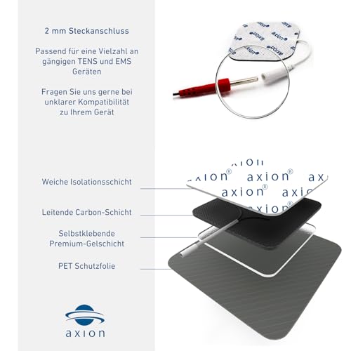 16 Electrodes with 2mm jack - Square self adhesive Pads - 5x5cm - Fits all TENS EMS units with 2mm connection - axion brand quality | 2 mm plug-in connection. Reusable self-adhesive electrodes for TENS device and EMS trainer, super adhesion + conductiv...
