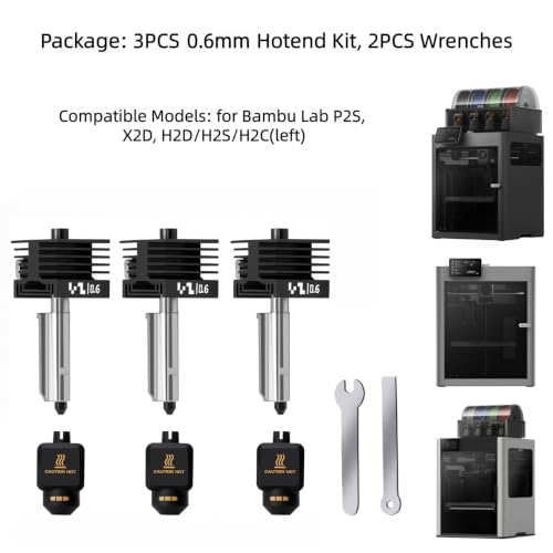 3PCS Upgrade 0.6mm P2S, X2D Hotend Kit, 3D Printer Print Head Hot End Heating Block Kit with 0.6mm Removable Hardened Steel Nozzle for Bambu Lab H2D, H2S, H2C, X2D, P2S 3