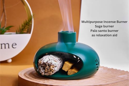 Incense Holder for Palo Santo Sticks Sage Bundles Cone Incense, Handcrafted Ceramic Incense Burner Holder with Chimney, Smudge Bowl for Spiritual Gift, Home Décor