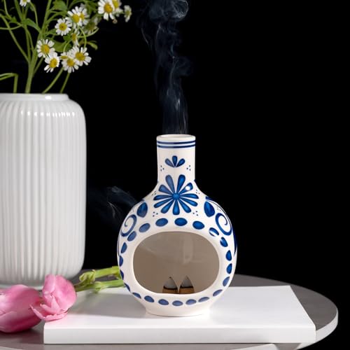 Ceramic Palo Santo Holder Chimney Burner, Cute Mini Chiminea Incense Cone Palo Santo Holder-blue and White