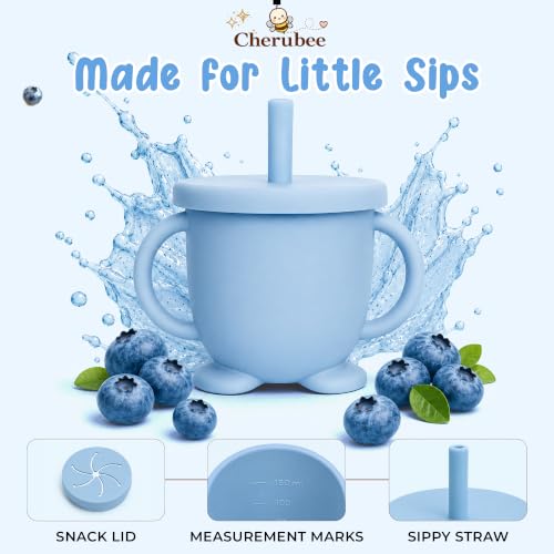 Baby Feeding Essentials Silicone Baby Feeding Set 15-Pcs | Suction Plate with Lid, Bowl, Adjustable Bib, Sippy Cup, Snack Cup, Spoon, Fork, Pacifier, Brush & Ice Tray | CE & CPC Certified Gray Blue