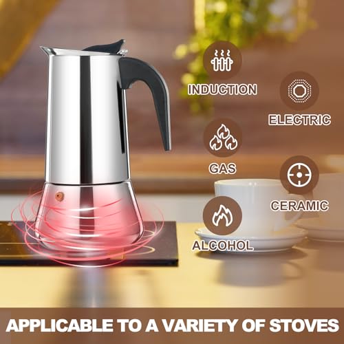 2 Cup Stovetop Espresso Maker Stainless Steel Moka Pot Stove Top Percolator Italian Coffee Makers Capable Mocha Greca Machine Cafe Classic Induction Cookers for Home and Camping 100ml 3.3oz Silver 2 Cup