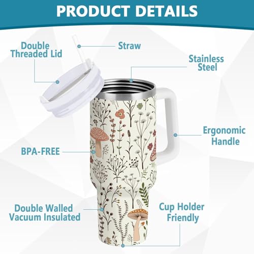 30 oz Tumbler with Straw & Handle - 2 in 1 Lids Leak Proof Tumblers - Large Insulated Stainless Steel Cup - BPA-Free Water Bottle Travel Metal Mug for Women Man, Cute Boho Mushroom Botanical Mushrooms Botanical Mushroom 30 Ounces