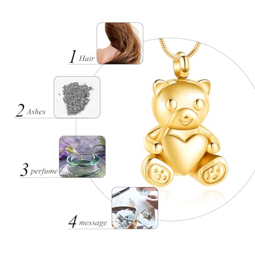 Cremation Jewelry - Teddy Bear Urn Necklace for Men Women with Mini Keepsake Urn Memorial Ash Jewelry Gold