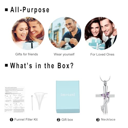 Imrsanl Cross with Butterfly Urn Necklaces for Ashes for Women Silver Purple