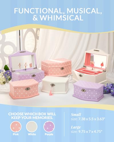 Elle Jewelry Box - Ballerina Jewelry Organizer and Swan Lake Wind-Up Music Box for Girls and Teens, Accessories and Keepsake Wooden Storage with Lock and Mirror, Charming Room Decor and Gift, Small Pink