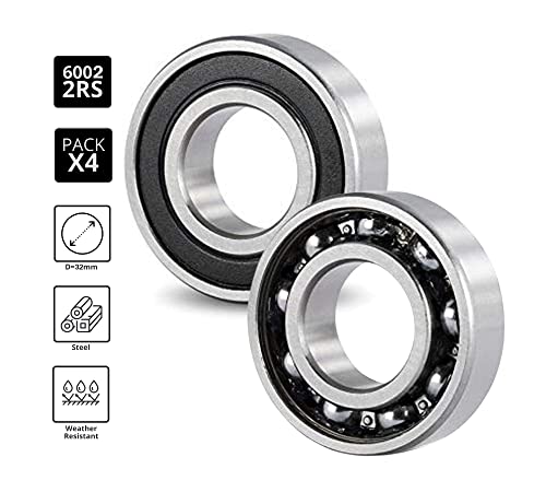 (Pack 4) DOJA Industrial | Bearings 6002 2RS C3 Ball Bearing for Shaft (15mm) 32mm Outside Width 9mm Bearings | Bearings for: milling Machine, 3D Printer, Lathe, DIY