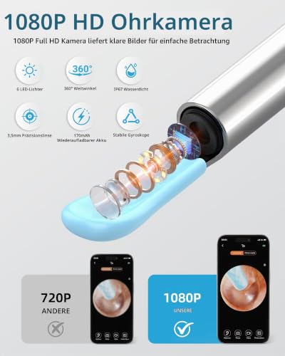 Qimic Visual Ear Cleaner with Camera, 1080P HD WiFi Cleaning Tool, 3.5 mm Lens, 360° Wide Angle, IP67 Waterproof, 6 LEDs, USB-C Charging, Compatible with iOS & Android - Black