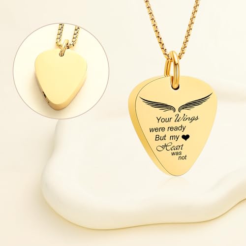 Oinsi Cremation Jewelry Guitar Pick Urn Necklaces for Ashes for Women Men Memorial Ash Keepsake for Loss of Loved Ones - Your Wings Were Ready my Heart was not Gold