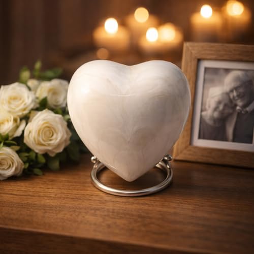 Heart Keepsake Urn for Human Ashes - High Gloss Cremation Urn with Stand and Velvet Bag, Perfect for Adults & Infants (White) White