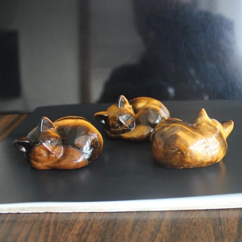 Hand Carved Gemstone Crystal Sleeping cat Figurine Animal Statue Carving Office Office Home Decor 2'' (Gold Tiger Eye) Gold Tiger Eye