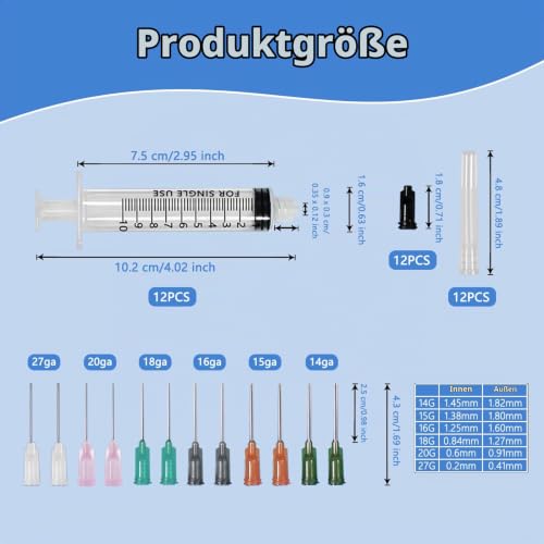 Luer Lock Syringe 10 ml Screw Cap Syringe Reusable Pack of 12 | Threaded Syringe with 14-27G Dosing Needles and Caps Blunt Needle, Dosing Feeding Syringe for Pet Feeding Watering