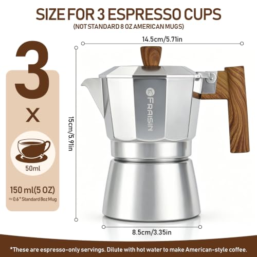 Stovetop Espresso Moka Pot Coffee Maker, Non-slip Wood Grain Handle, Cast Aluminum, Compatible with Gas, and Electric Stoves (Silver, 3 cups) Silver 3 Cup-5 OZ/150 ml