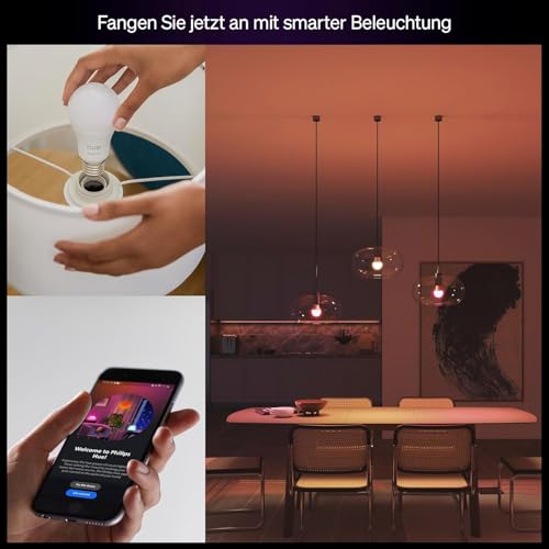 Philips Hue Essential Smart LED A60 Bulb, White and Colored LED Bulb, E27 Socket, 8W, 2200K-6500K, 806 Lumen LED Light, Dimmable, Compatible with Alexa, Google Assistant & Apple Home, Pack of 4 | White and colorful light, 8 W, smart home, dimmable, c...