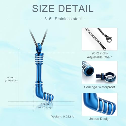 Hockey Stick Cremation Necklace Stainless Steel Ash Memorial Jewelry Blue