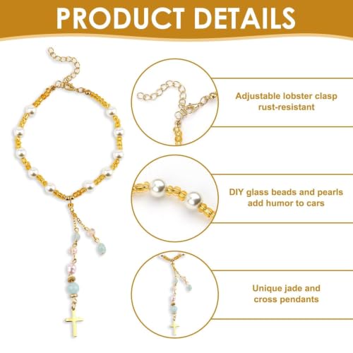 Natural Jade Cross Car Hanging Ornament Gold