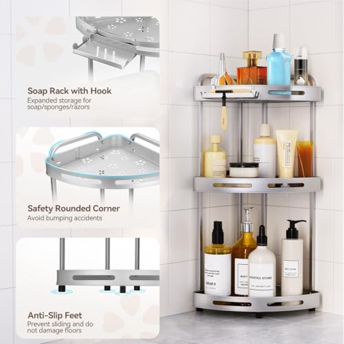 Silver 3-tier standing corner shower caddy by Binecer with multiple shelves for organizing shower essentials