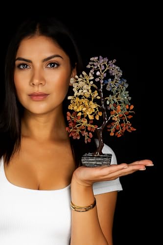CREATIVE LEATHER ART 7 Chakra Crystal Tree with Raw Black Tourmaline Base - Gemstone Bonsai Money Tree for Good Luck & Protection