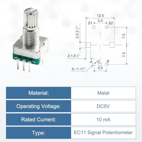 sourcing map 5Pack EC11 Rotary Encoder Code Switch, 15mm Full Shaft Digital Potentiometer 5 Pins with Push Button for Audio, DIY, Instrument Control, DVD, With Black Metal Knob