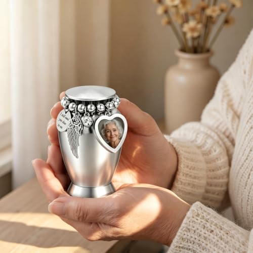 Small Urns for Human Ashes, Metal Cremation Urns for Both Humans and Pets with Velvet Bag and Spoon, Heart-Shaped Photo Frame, Suitable for Funeral, Burial, and Memorial Ceremonies