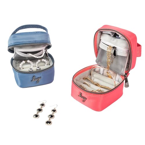 Lug Swizzle Mini Travel Jewelry Case – Compact Organizer with Ring Rolls, Earring Holder, Necklace Pouch & Zip Closure – Metallic Black