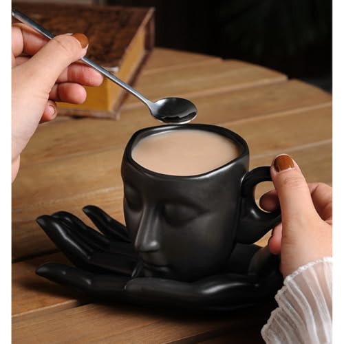 Sculpture Coffee Mug with Saucer Unique Artistic Ceramic Cup Set for Coffee Tea Lovers Gift 8.8oz White Black Silver (white)