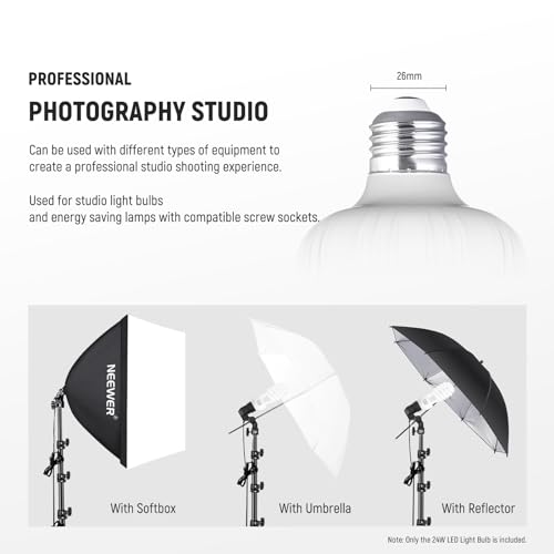 Neewer E26 24W LED Light Bulbs, 2 Packs, 2160 Lumens/5700K/CRI 93+/15000h Lifespan, Bright Video Photography Lighting, Silent/No Flicker/Non Dimmable 200W Incandescent Equivalent
