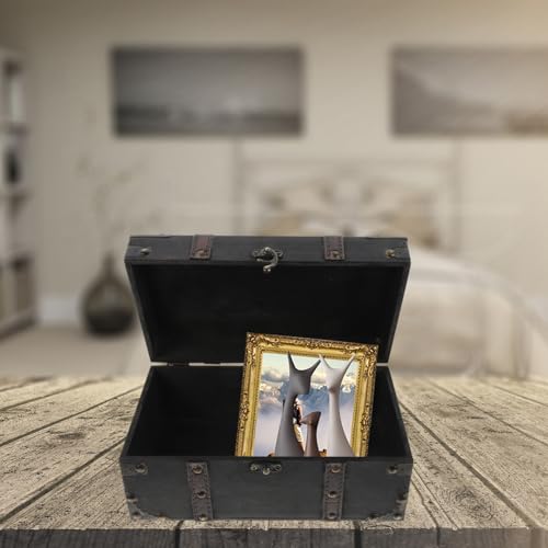 HOMSFOU Wooden Treasure Chest Box Vintage Pirate Jewelry Box with Lid Multi-Functional Storage for Necklaces Bracelets Coins Photos Keepsakes 10.23 X 5.90 X 4.52 in