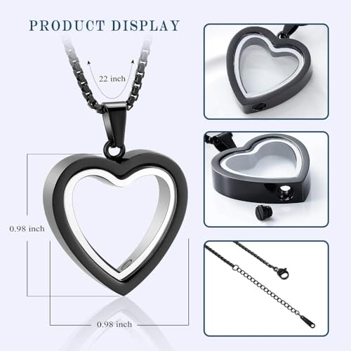 Cremation Jewelry Glass Urn Necklace for Ashes Heart Stainless Steel Ashes Pendant for Women Men Keepsake for Jewelry Memorial Lockets for Ashes black