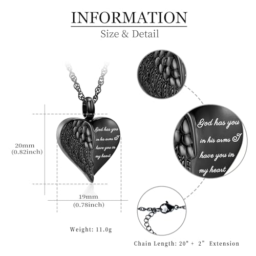 shajwo Cremation Heart Urn Necklace Ashes Jewelry for Women Men Keepsake Pendant Memorial Locket Ash Holder Wing-G1 Black