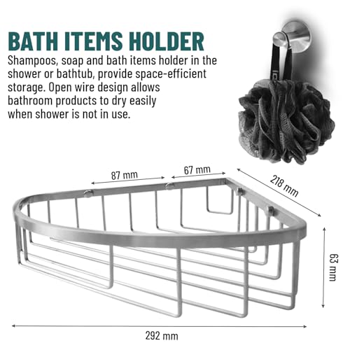 Stainless Steel Wall Mount Shower Caddy, Single Hook & Bath Wipe Waterproof Durable Corner Shower Rack for Bathroom Space Saving Bathroom Organizer & Storage for Shampoos Soap Bath Items Brushed