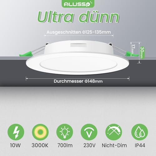 Alusso LED Recessed Spotlight, 230 V, Flat IP44, 10 W LED Spotlights, 700 lm, Set of 6 | Warmweiß 3000K Einbauleuchten, 30mm Ultra Flach, Einbauspot Loch 125-135mm, Deckenspots für Badezimmer Küche Wohnzimmer Warm White 3000 K, Set of 6