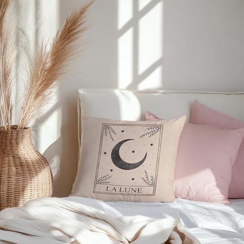 Boho Moon Tarot Pillow Covers 18x18, Witchy Room Decor, La Lune Mystical Botanical Crescent Moon Celestial Spiritual Decorative Throw Pillow Covers Pillowcases 012
