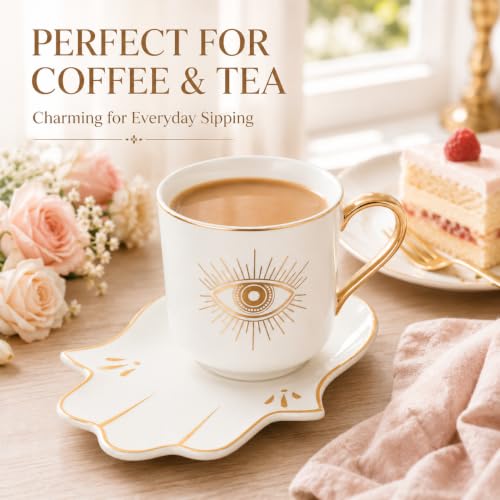 Tofficu Evil Eye Coffee Mug: Vintage Ceramic Teacup Turkish Arabic Greek Tea Server Sets Lucky Evil Eye Coffee Cup with Saucer for Cappuccino Mocha Tea Cereal Latte Mulled Wine