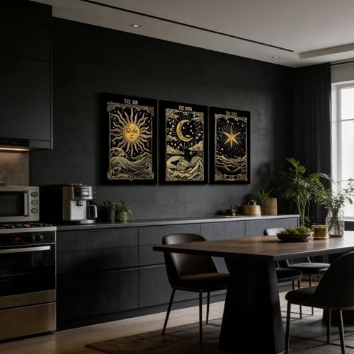 3Pcs Sun And Moon Celestial Canvas Wall Art Tarot Painting Picture Wall Decor astrology Poster Print Artwork for Bed Room Living Room Apartment Bath Room Study room Home Decoration Tarot Canvas 12L"x16W"Canvas