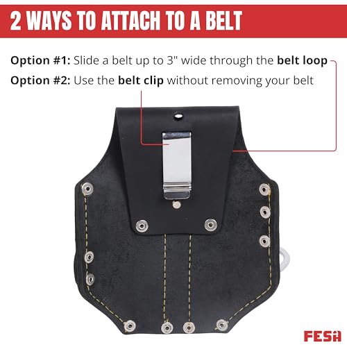 FESA black leather double plier holster with steel hammer holder, tape clip, and carpenter pencil pockets