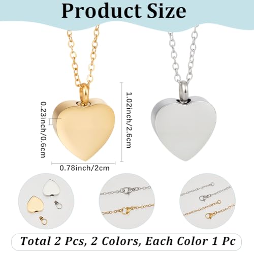 CREATCABIN Heart Cremation Jewelry for Ashes Urn Necklace Keepsake Cremation Jewelry Mini Stainless Steel Silver Memorial Urns Pendant with Funnel Pin for Bereavement Family Friends Gold & Sliver