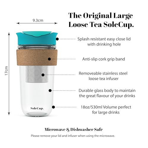 Large Travel Mug Loose Tea Infuser - Detachable Tea Strainer with Spill Proof Lid - 18oz/530ml BPA-Free Reusable Glass Travel Coffee Cup with Cork Band (Blue, 18oz) Blue 18 Ounces