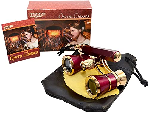 HQRP 3 x 25 Opera Glasses Theater Binoculars w/Crystal Clear Optic (CCO) & Built-in Extendable Handle, Burgundy with Gold Trim, for Adults Kids Women, in Musical Concert Sport Events, Gift Box