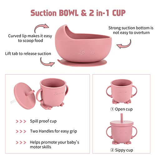 Silicone Baby Feeding Set, Suction Plate Bowl for Baby Led Weaning Dark Pink