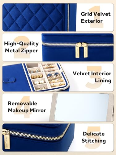 Velvet Travel Jewelry Organizer Case with Large Mirror for Women Navy Blue