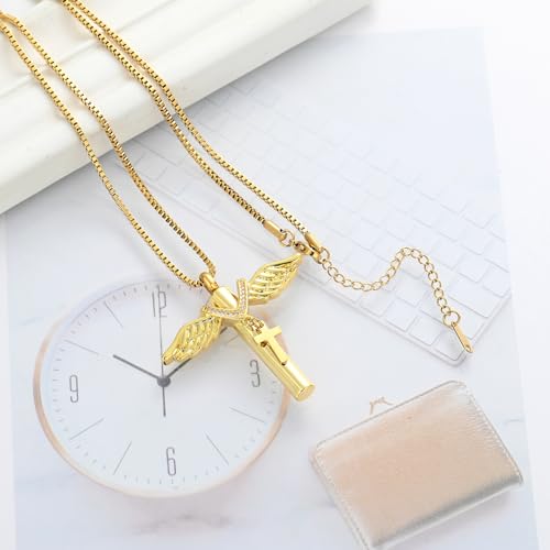 XSMZB Wings Cylinder Cremation Jewelry for Ashes Pendant Cross Urn Necklace for Ashes for Men Women Keepsake Locket Jewelry Gold