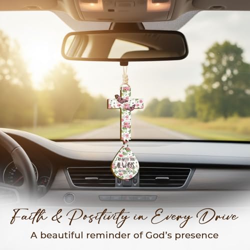 Christian Floral Cross Car Hanging Ornament – “I Am With You Always” Matthew 28:20 – Rearview Mirror Faith Gift for Women, Butterfly Rose Design, Scripture Card & Gift Box, Drive Safe Blessing Décor Cross Rose